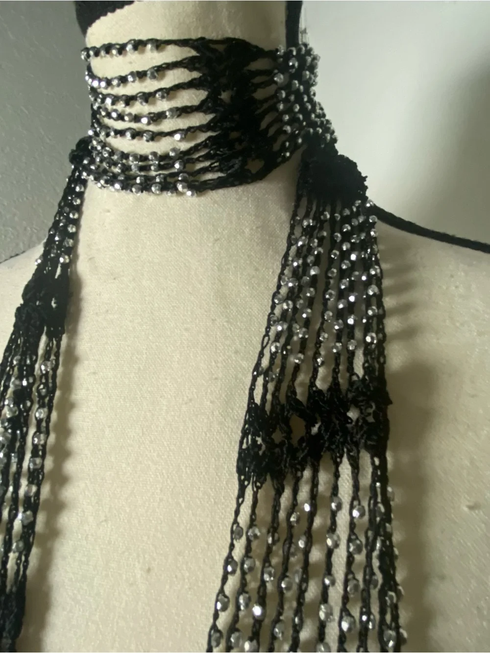 Y2K Black & Silver Beaded Crochet Fringe Skinny Scarf - Picture 3 of 5